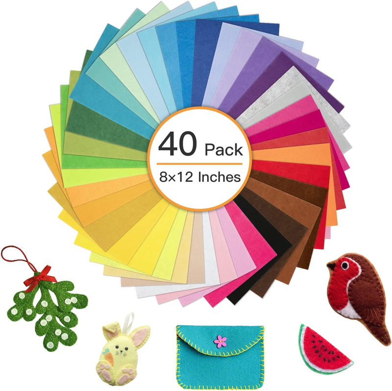 8 x 12 Inches Felt Sheets for Crafts, 40Pcs Squares Fabric Sheets, Assorted Colo