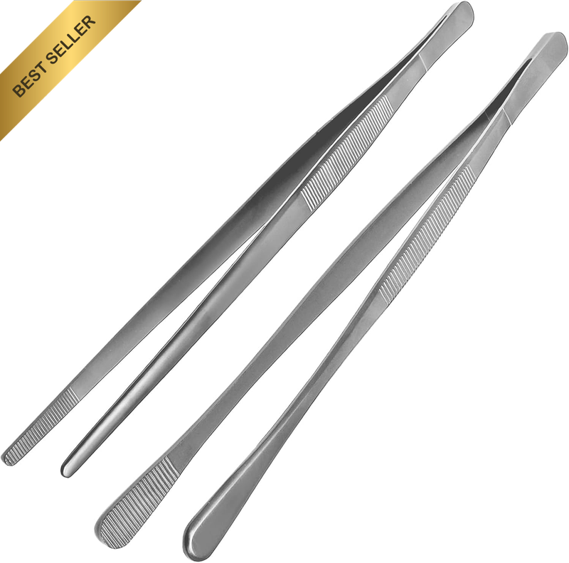 2 PK 12-Inch Stainless Steel Tongs Kitchen & Cooking Tweezers Dual-Head (Straigh