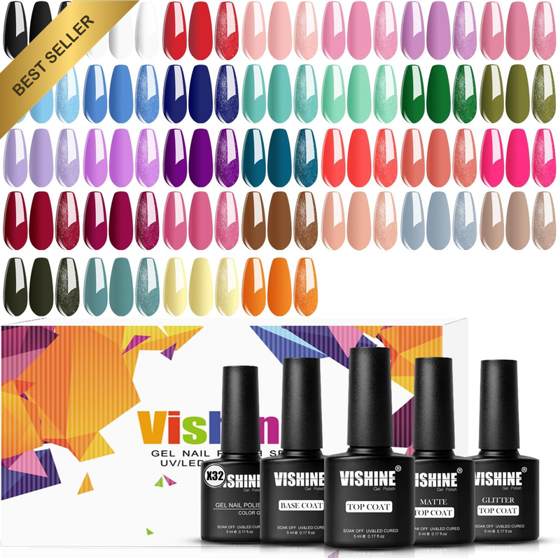 36Pcs Pretty Blue Purple Glitter Gel Nail Polish Set, Base Coat Glossy Matte and