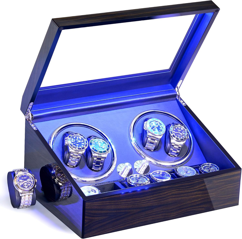 Watch Winder for Automatic Watches 4 Watch Rotator and 6 Extra Storages with Super Quiet Mabuchi Motor LED Backlight Watch Turner Piano Paint Watch Shaker 4 Rotating Modes Gift USB UJWW002E