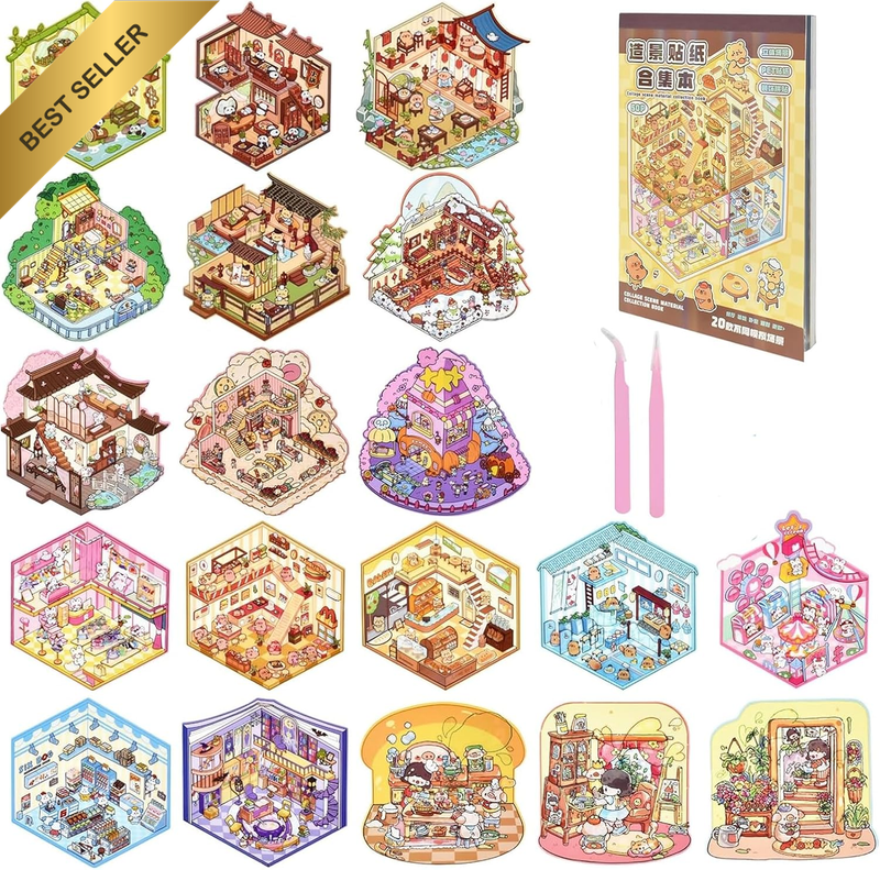 20 Sets DIY 3D Sticker Scene Book, Reusable Make Your Own Sticker Book for Kids