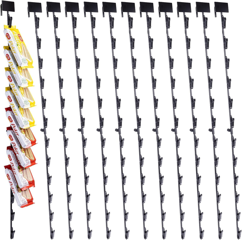 12Pcs Merchandising Hanging Strips with Hooks, 31 Inch Chip Rack with Label Header and 144 Clips, Potato Chip Bag Holder for Party, Concession, Snack & Store Retail Display, Black