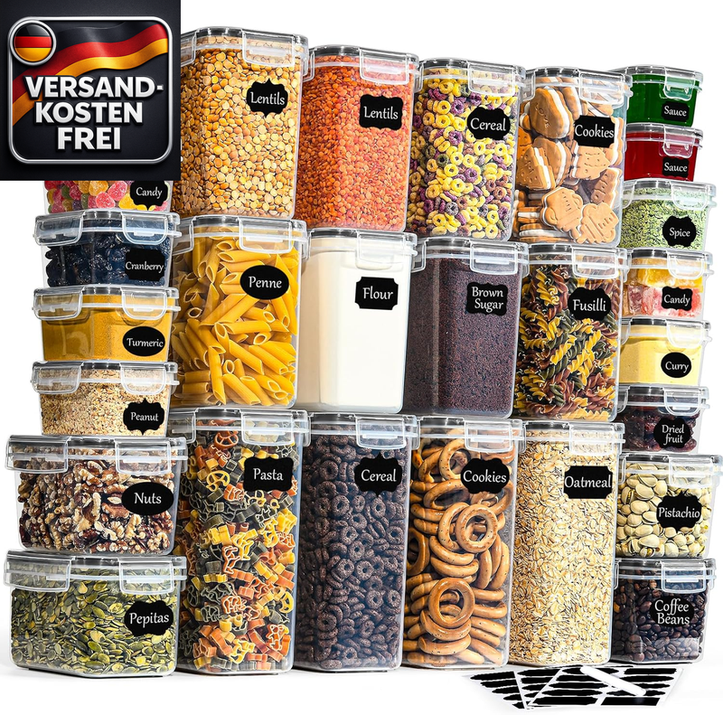 Vorratsdosen Set mit luftdichten Deckeln für Mehl Zucker Müsli Gewürze 28 Stück