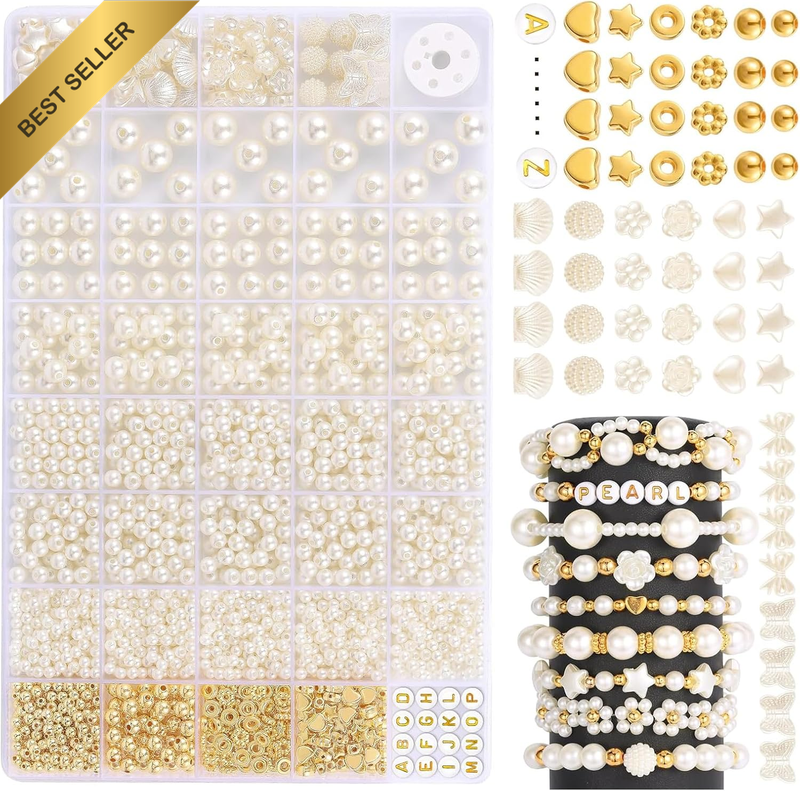 1860Pcs Bulk Pearl Beads Kit, 5 Sizes round Beads with Gold Spacer Beads & Charm