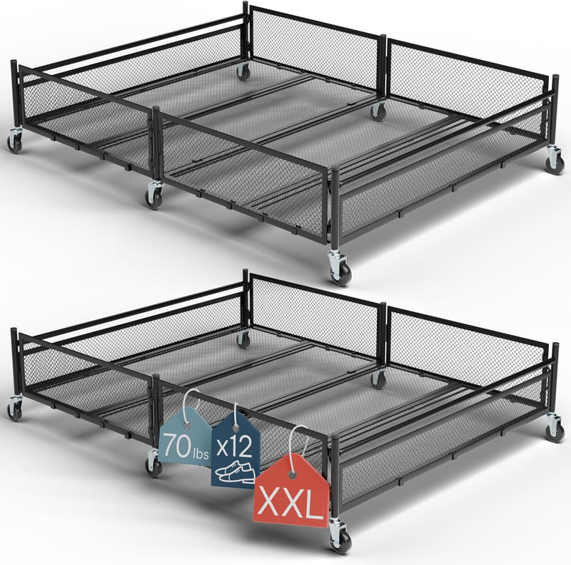 Under Bed Storage with Wheels – XXL 65L Metal Frame Rolling Bin & Shoe Organizer, Large Container 31.5