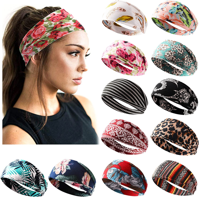 12 Pack Boho Printed Headbands Non Slip Hair Band Sport Yoga Running Sweat Wrap