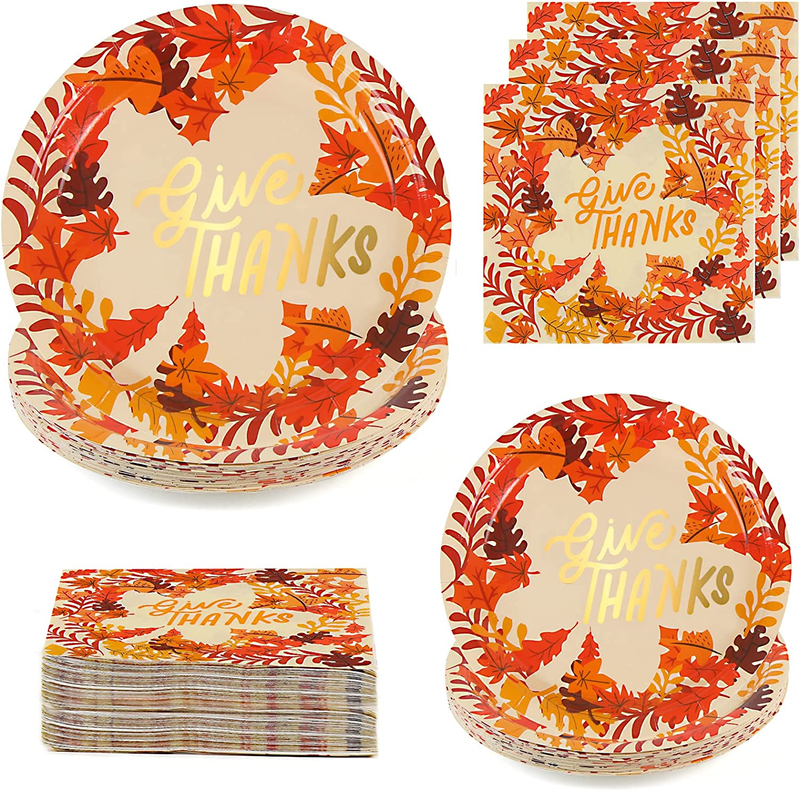 96 Pack Thanksgiving Paper Plates and Napkins, Fall Disposable Plates Dinnerware