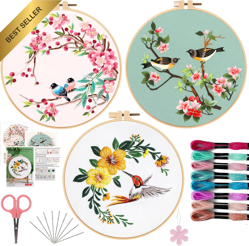 3 PCS Embroidery Kit for Beginners - Cross Stitch DIY Craft Set, Bird Embroidery