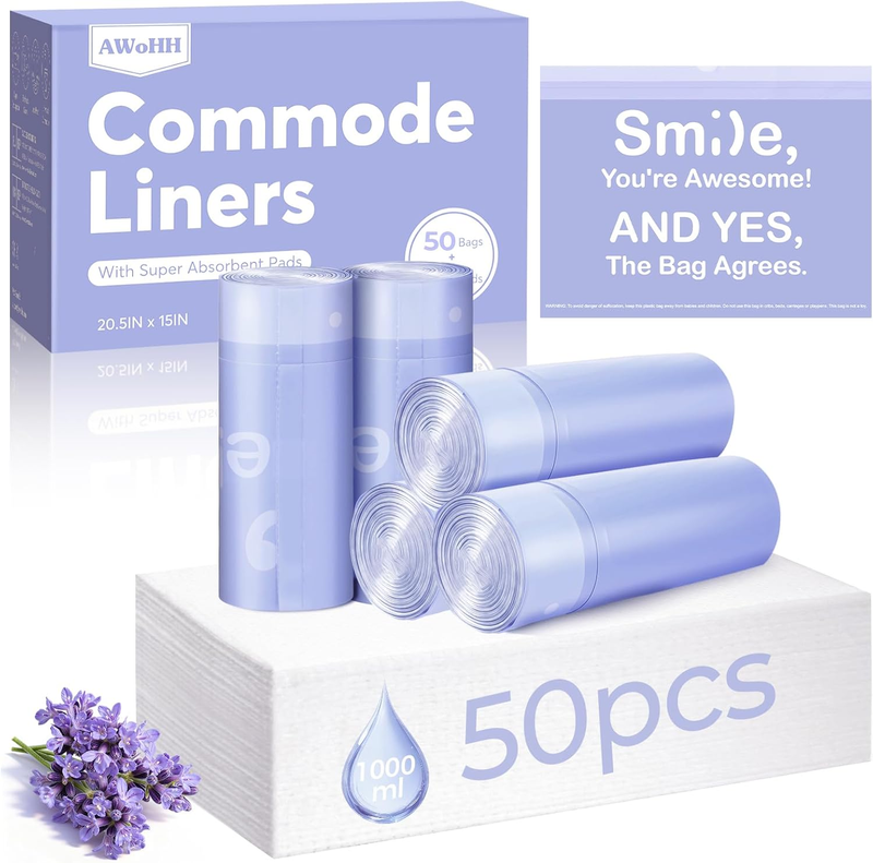 50 Lavender Scented Commode Liners with Absorbent Pads Leak Pr...