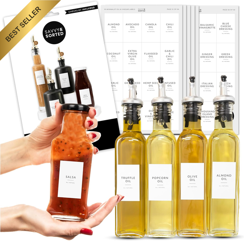 Oil and Condiment Labels Stickers - 95 Pantry Labels for Condiments Vinegar & Oi