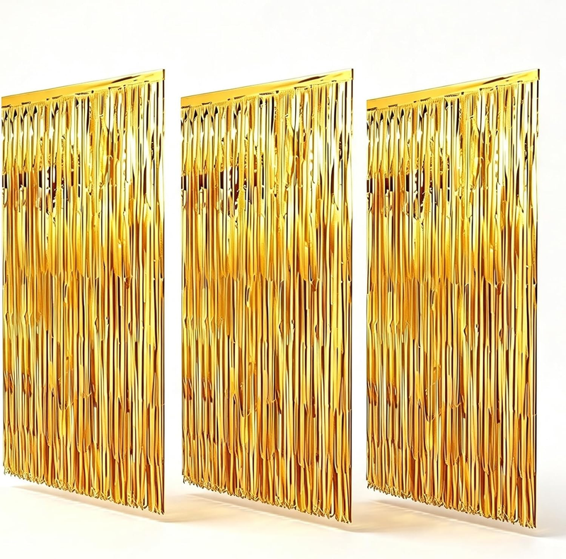 3 Pack Gold Tinsel Curtain, Birthday Decorations Photo Backdrop Curtains | Shimm