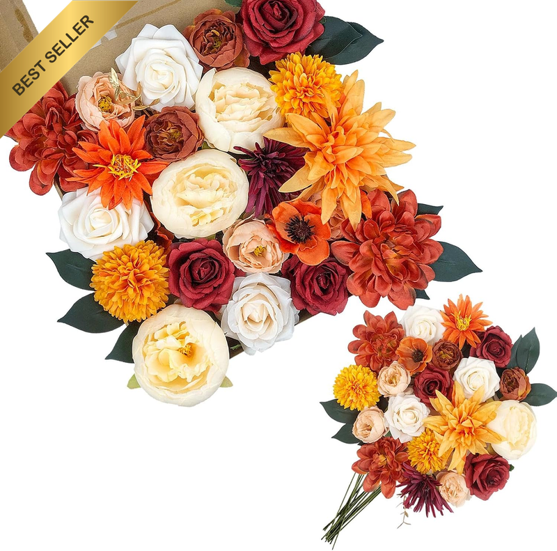 Artificial Silk White Orange Rose Flowers Box for Wedding Decorations, Real Touc