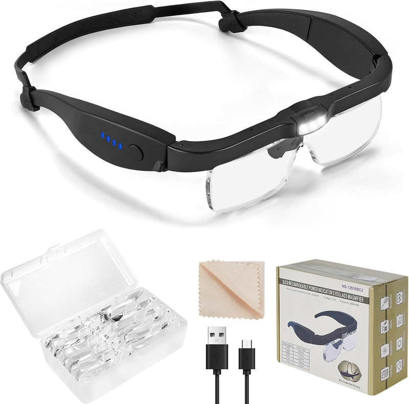 Rechargeable Magnifying Glass with Light – Hands Free Magnifier Glasses with 5 D
