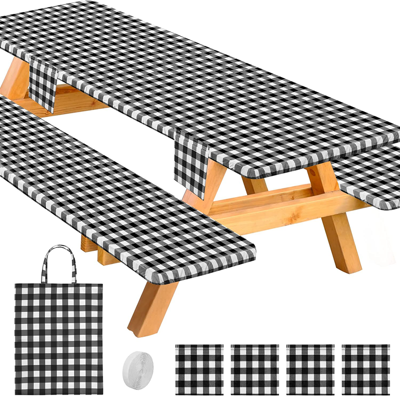 Vinyl Picnic Table Table Cover and Bench Covers Fitted Waterproof Tablecloth wit
