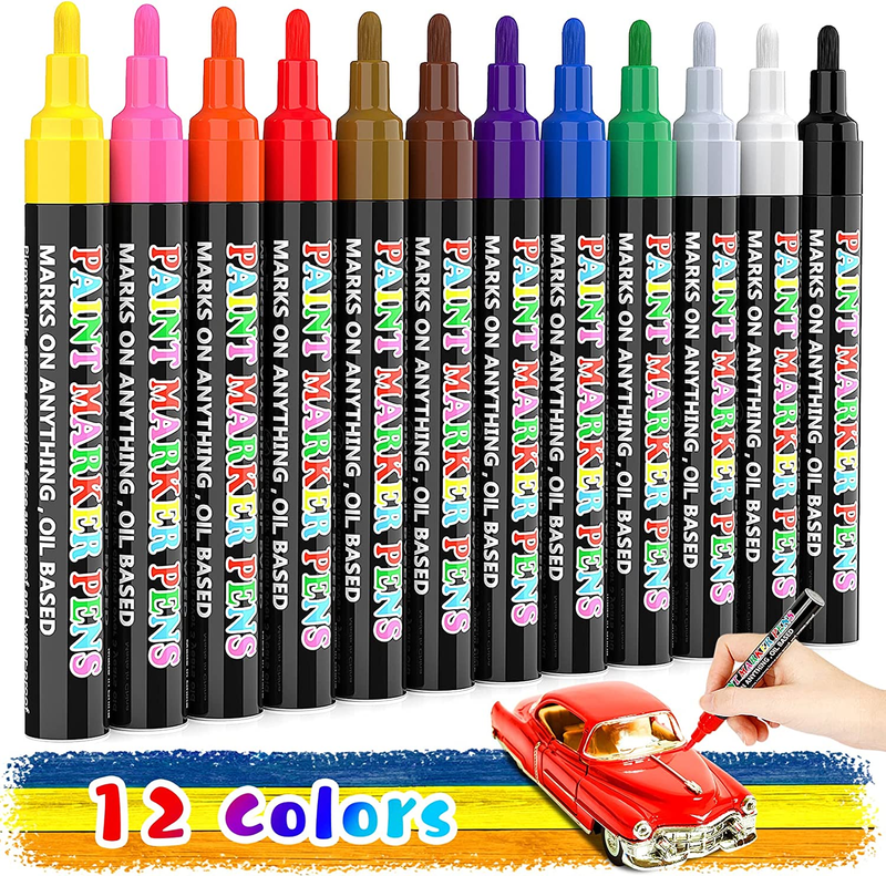 Paint Pen Paint Markers, 12 Colors Oil-Based Waterproof Marker Pens, Permanent F