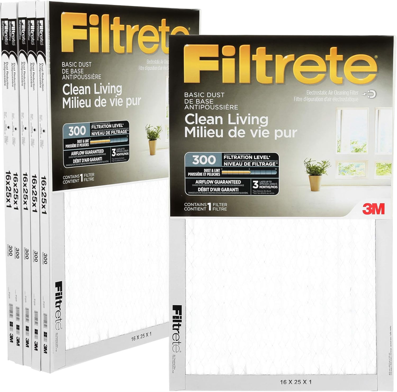 16x25x1 Furnace Filter, MPR 300, MERV 5, Clean Living Basic Dust 3-Month Pleated