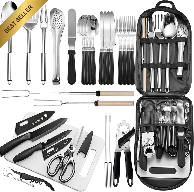 27PC Portable Camping Kitchen Utensil Set Stainless Cookware for BBQ Travel