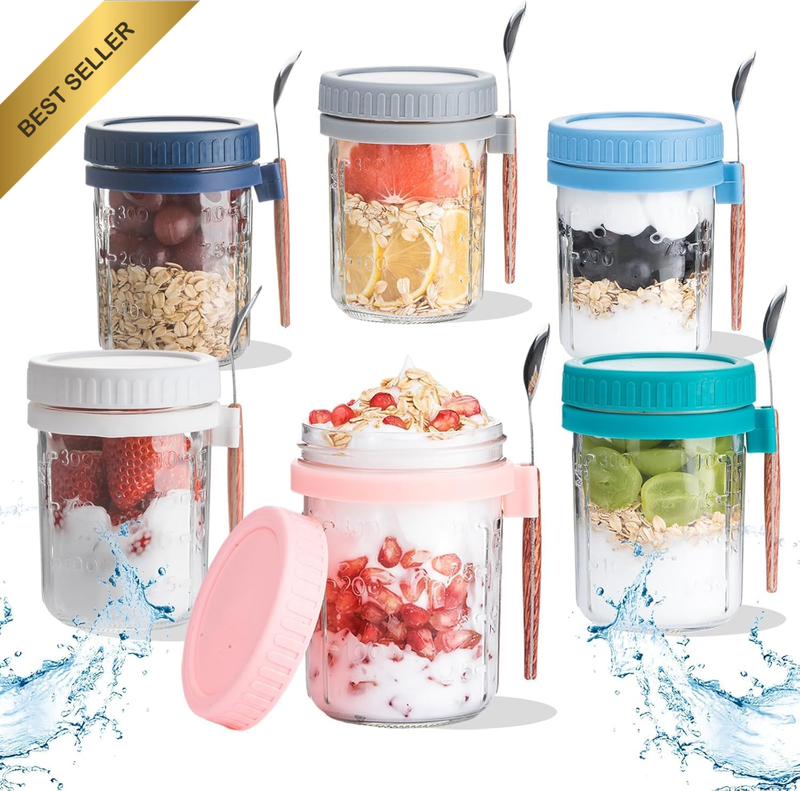 6 Pack Overnight Oats Containers with Lids and Spoons, 16 Oz Mason Jars with Rem