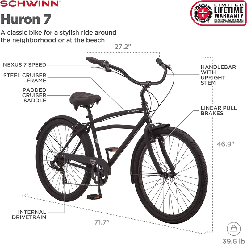 Huron Adult Beach Cruiser Bike for Men and Women, 26-Inch Wheels, Multiple Speed