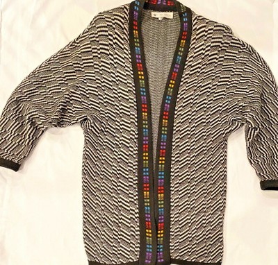 CHRIS TRIOLA Women Handmade Sweater Coat Size Small Black White Rainbow
