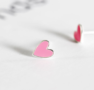 Adorable Tiny Silver Pink Love Heart Stud Earrings