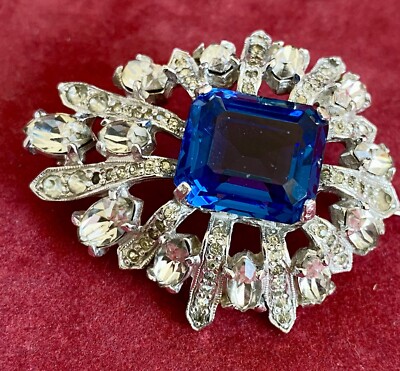 Vintage Eisenberg signed Large E Script Clear and Blue Glass 1930 s-40 s Brooch!