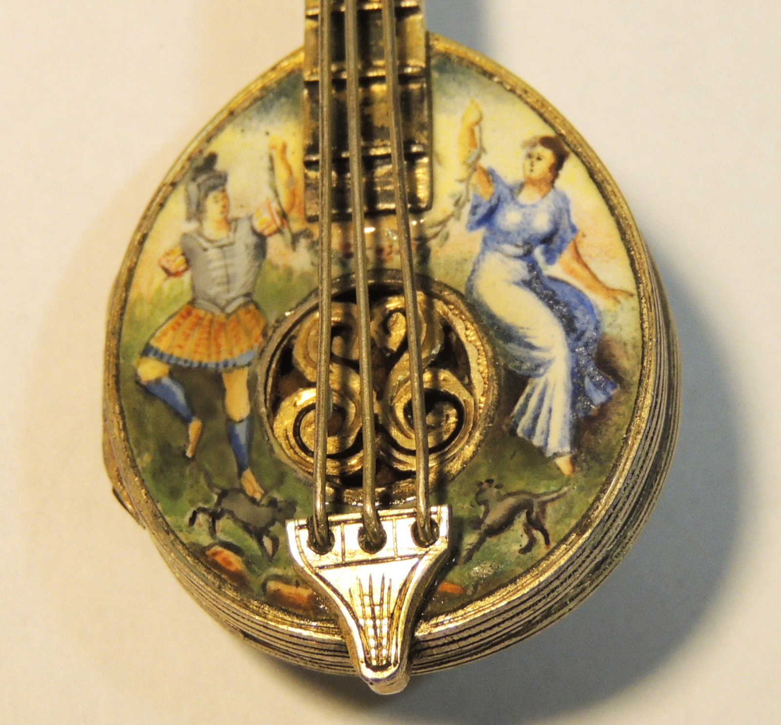STUNNING Antique Victorian Silver Enamel Painting VINAIGRETTE Scent MANDOLIN exc