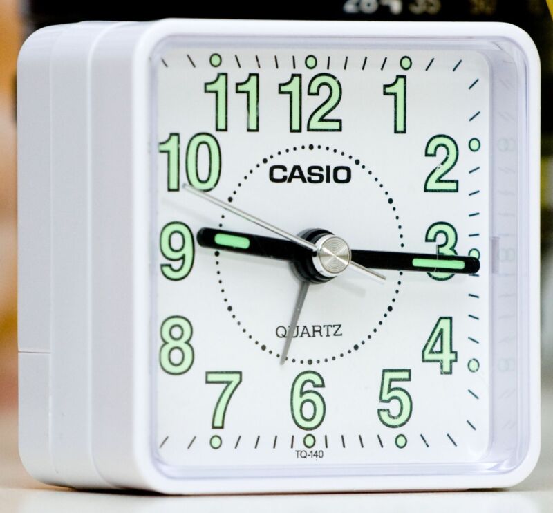 Casio TQ140-7D Travel Clock Quartz Alarm Clock Neobrite White Case w Battery New