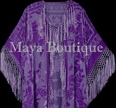 Pre-owned Maya Matazaro Lavender Kimono Duster Fringe Jacket Silk Burnout Velvet  Plus In Purple