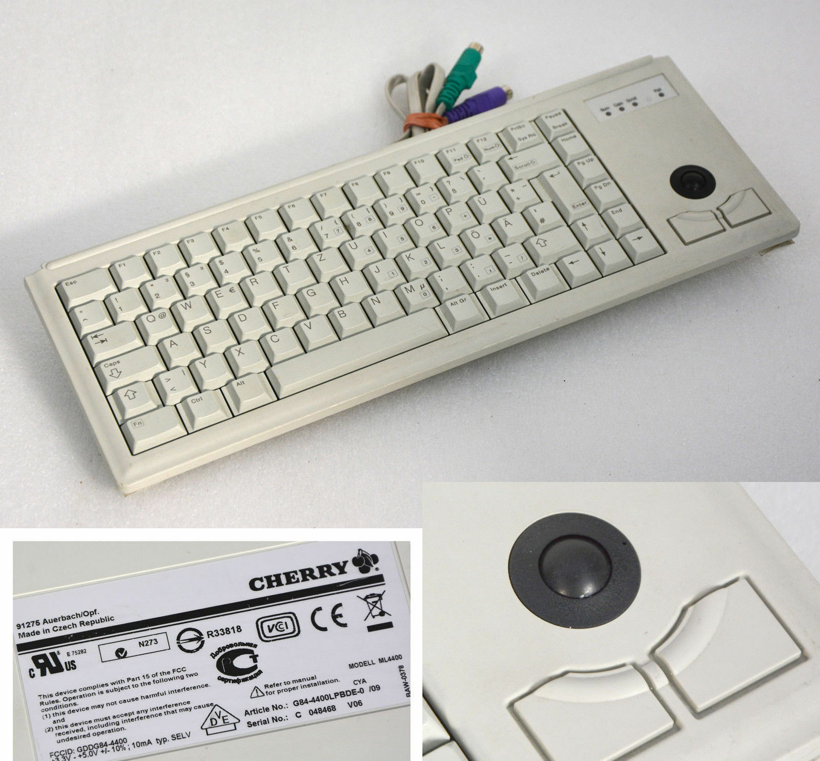 Small Keyboard Cherry ML4400 G84-4400LPBDE-0 Trackball 2x Ps/2 Server Tower K7