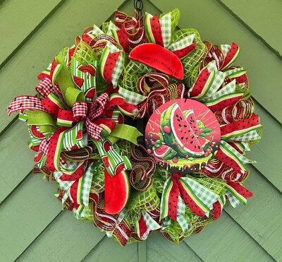 Watermelon Front Door Wreath, Summer Time Mesh Wreath Red And Green