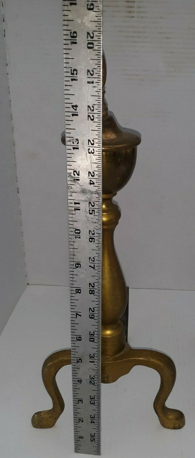 VINTAGE BRASS FIREPLACE ANDIRONS With Cast Iron Support Legs