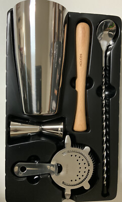   HOUDINI 5 pc BAR SET, DOUBLE JIGGER,COCTEL STRAINER, SILVER   as shown 