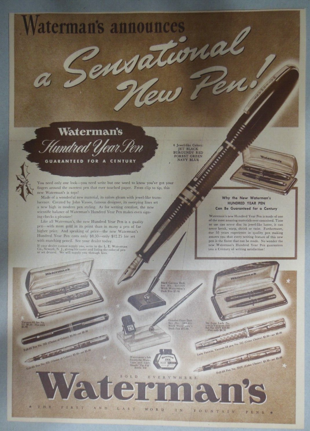 Waterman's Pen Ad: New Waterman's Fountain Pen ! from 1939