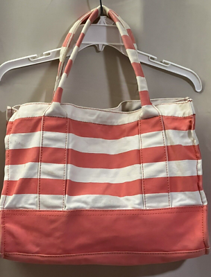 J. Crew Tote Bag Peach Coral White Striped Cotton Canvas Yoga Beach Purse