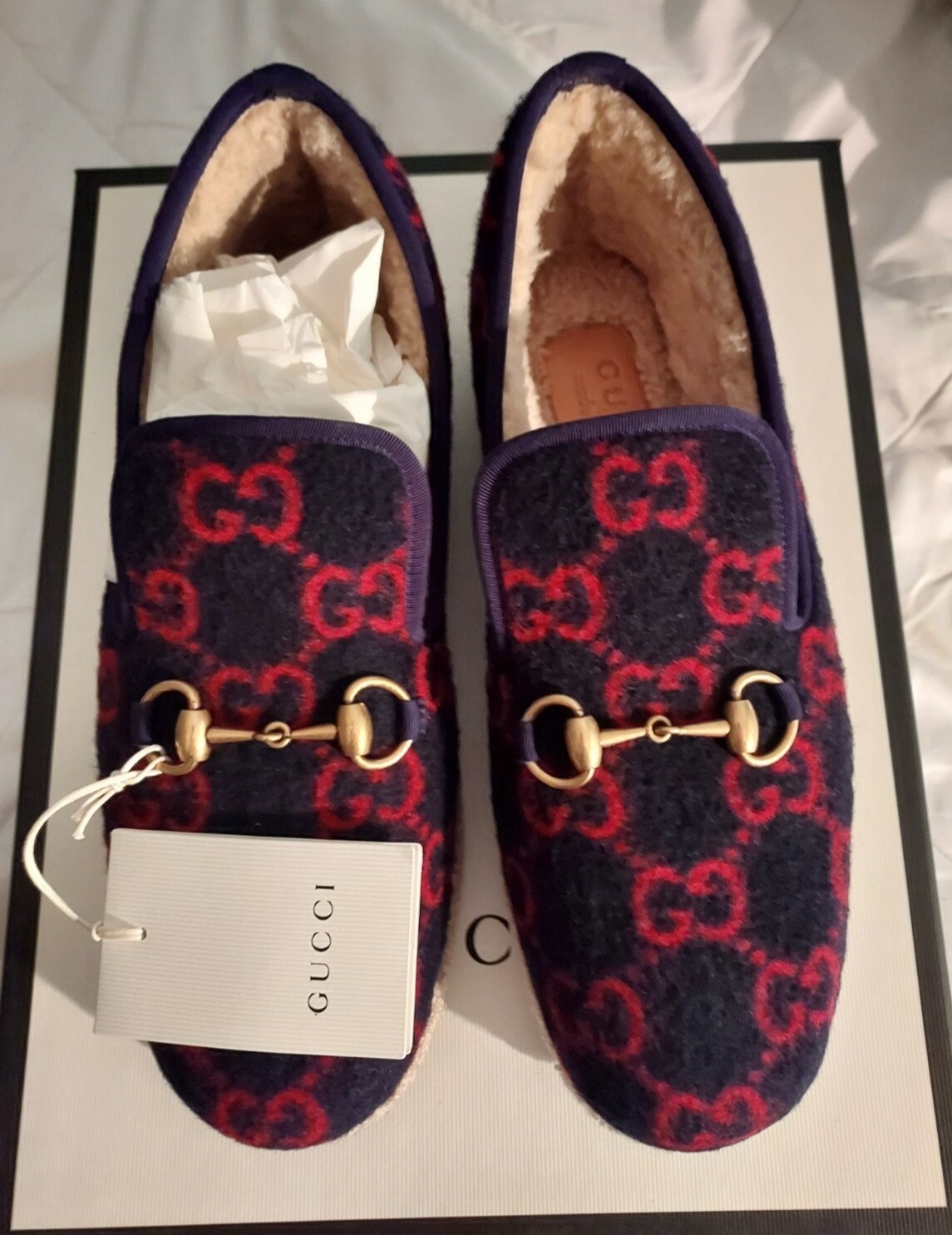 NEW $790 GUCCI Blue RED LOGO PRINT Wool FRIA HORSEBIT