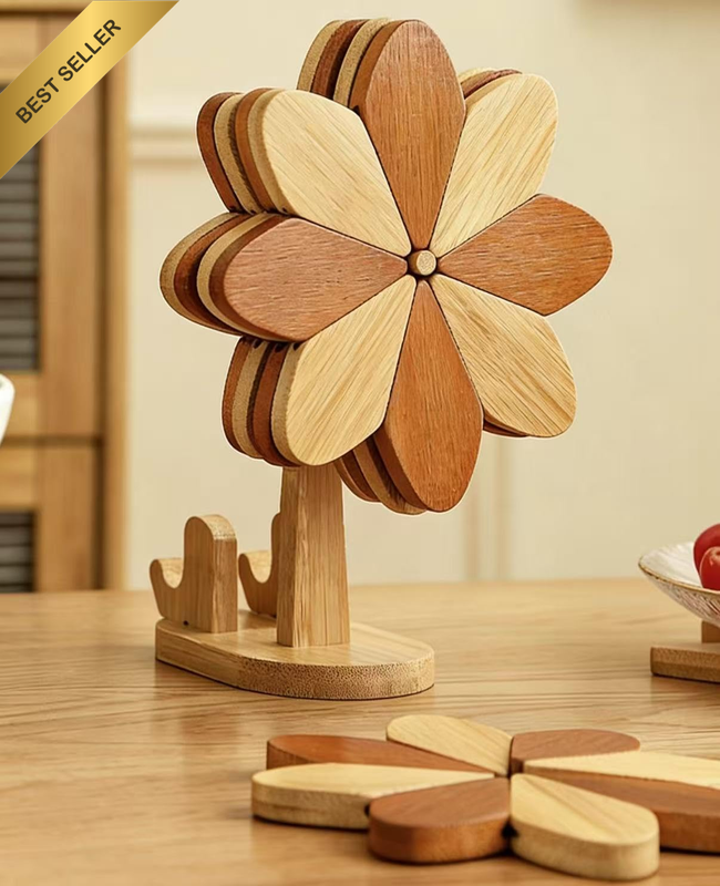 Windmill Shaped Bamboo Coasters Set of 5 with Stand, 2-In-1 Expandable Heat Resi