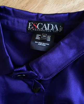 ESCADA VINTAGE SILK BLOUSE IN PURPLE POET SLEEVES FRONT POCKETS 38 12-14 ITALY