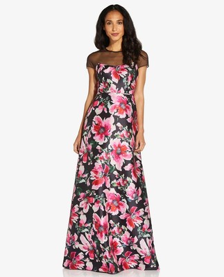 ADRIANNA PAPELL AP1E207836 FLORAL MIKADO GOWN BLACK PINK MULTI SZ 4 OSCAR PROM
