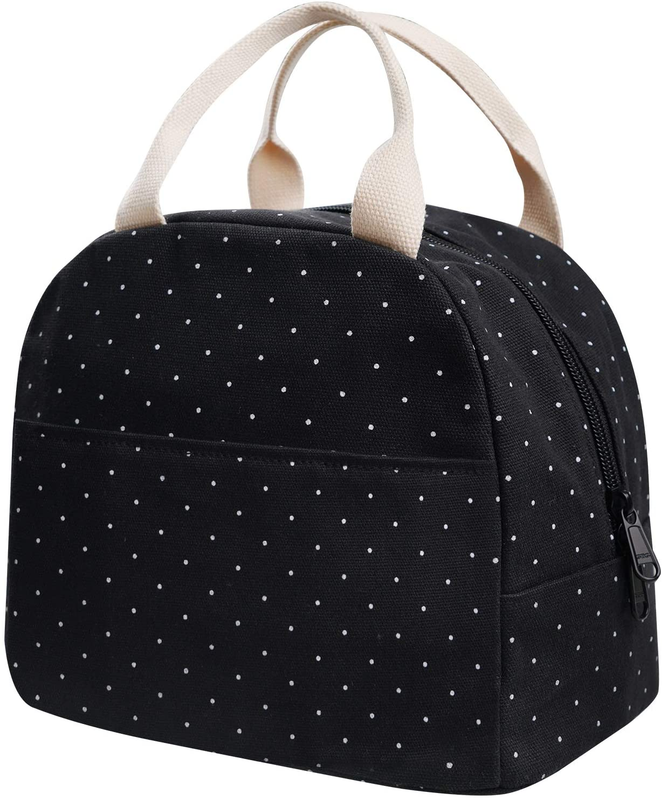 Upgraded Compact Black Lunch Bag for Girls Women Canvas Reusable Tote Box Bag