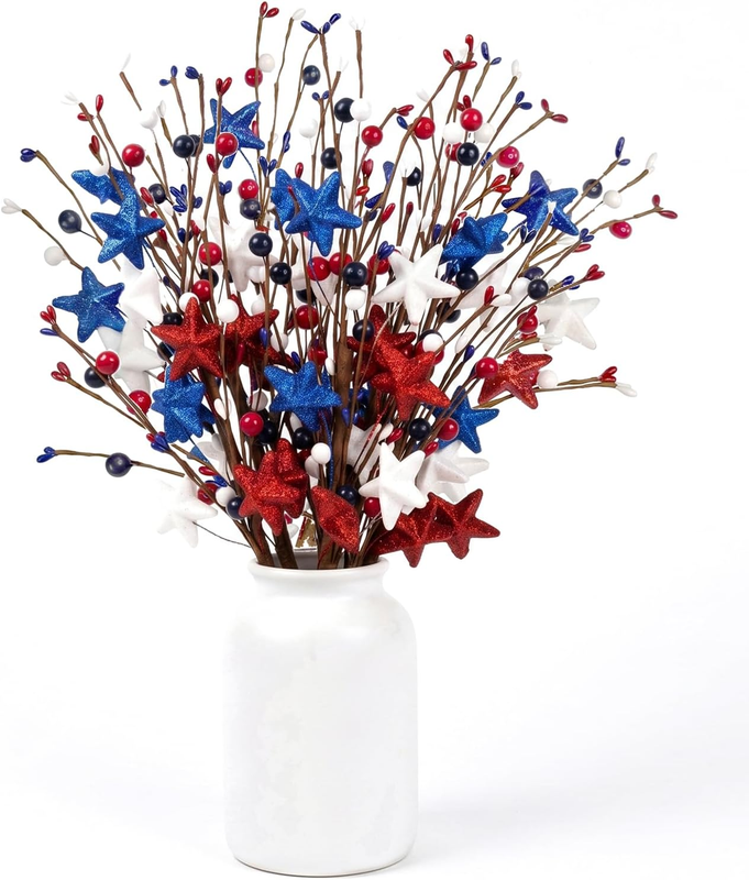 6 Pack Patriotic Berry Stem Picks Glitter Stars Red White Blue 4th July Vase DIY