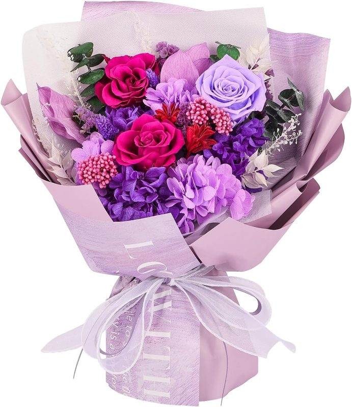 Preserved Purple Flower Bouquet, 3 Piece Preserved Roses Bouquet, Romantic Valen