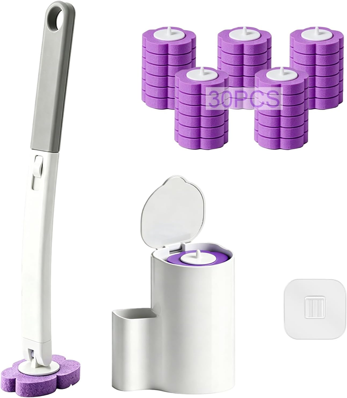 Disposable Toilet Brush and Holder Set,Extended Handle with 30 Cleaner Refills T