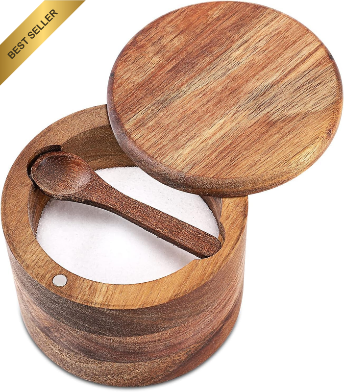 Wood Salt Shaker Set with Built-In Spoon Magnetic Swivel Lid Kitchen Spice Holde