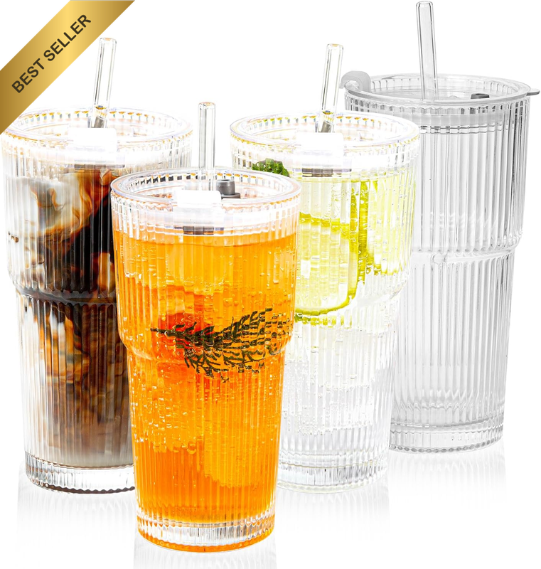 4Pcs 20Oz Ribbed Glass Tumblers with Lids Straws Durable Elegant Drinkware