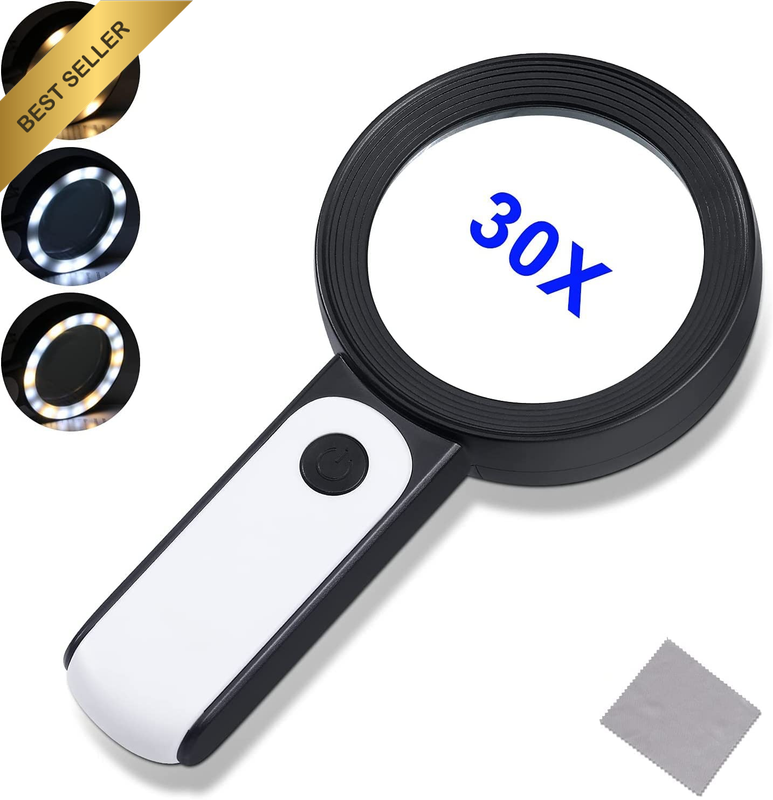 30X Magnifying Glass with 18LED Light, 80Mm Handheld Large Magnifying Glass Cold