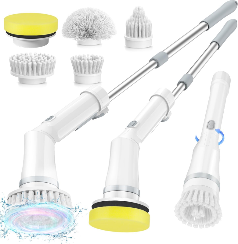 Electric Spin Scrubber, Cordless Cleaning Brush with 5 Replaceable Brush Heads a