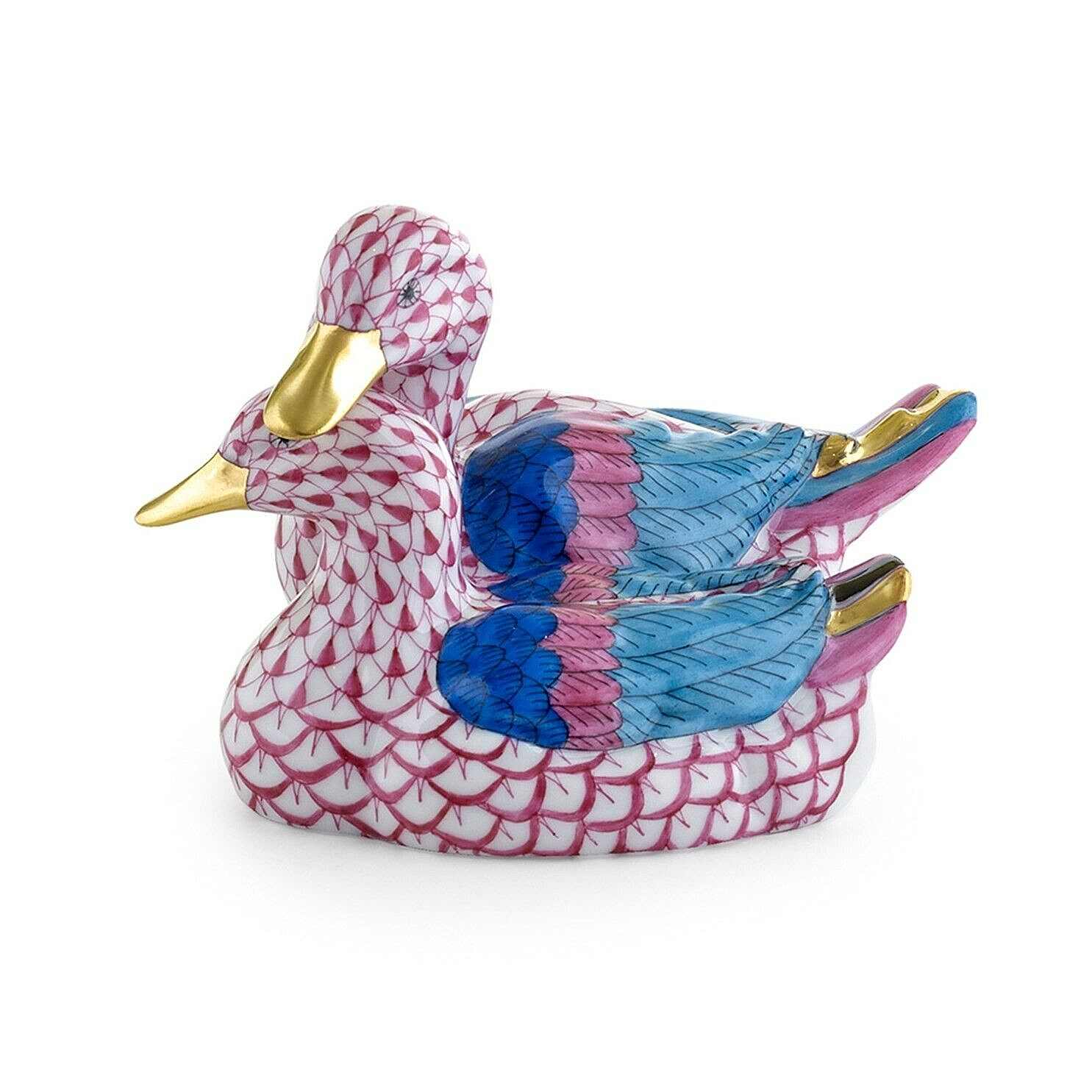 HEREND, PAIR OF DUCKS PORCELAIN FIGURINE, RASPBERRY FISHNET