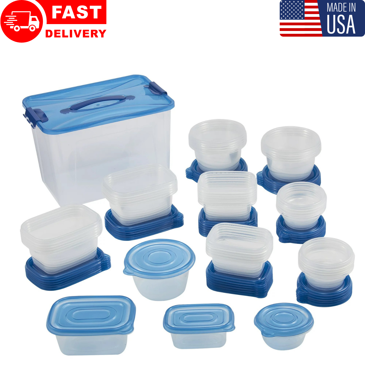 S With Blue Lids, 92 Piece Food Storage Container
