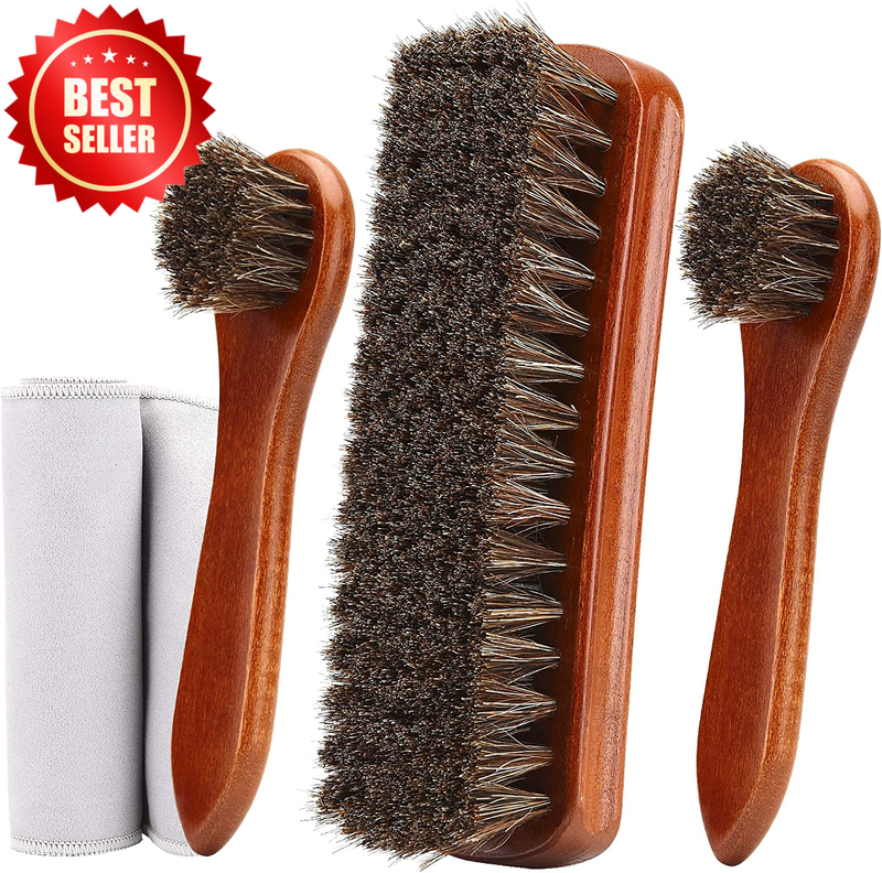 4-Piece Horsehair Shoe Brush Kit Polish, Leather Boot Cleaning Dauber Applicator